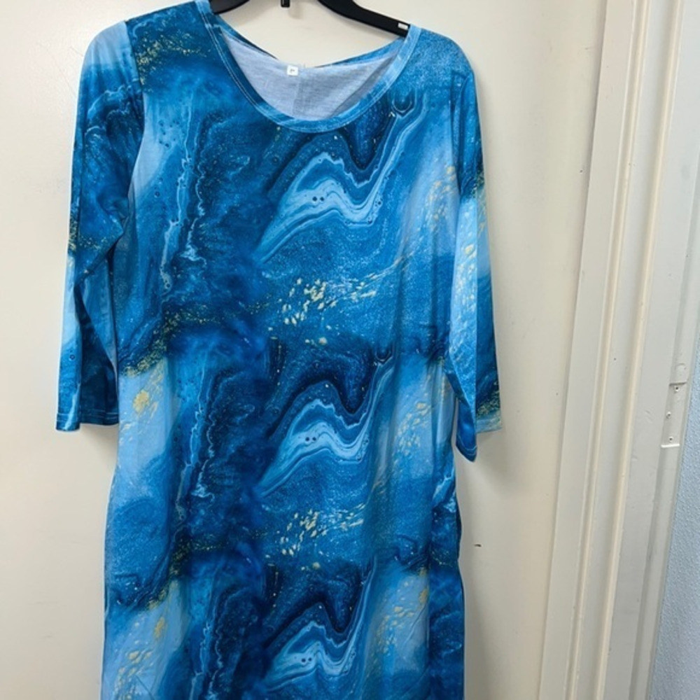 NWT Blue Marble Print Shift Dress  Large 3/4 Sleeve Pocket Midi Tunic Dress